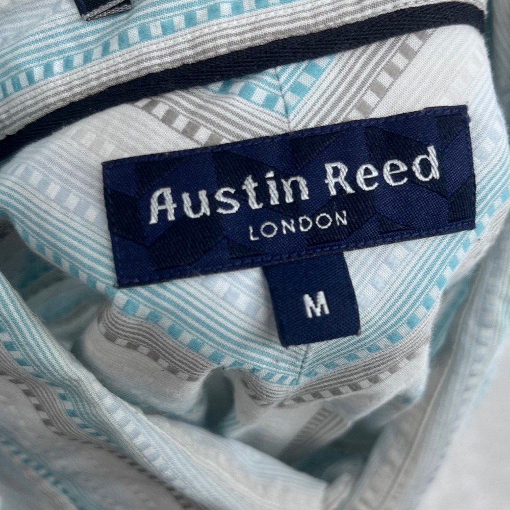 Austin Reed Button Down Shirt‎ Mens Medium Blue Grey White Striped Short Sleeve - Picture 5 of 9